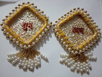 Handmade Shubh Labh Hanging with Yellow Pink Thread Work Traditional Home Wall Hanging (Pack of 2) 3