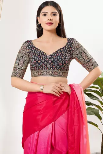 Women's silk padded back open elbow sleeves saree blouse