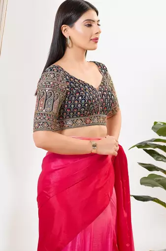 Women's silk padded back open elbow sleeves saree blouse