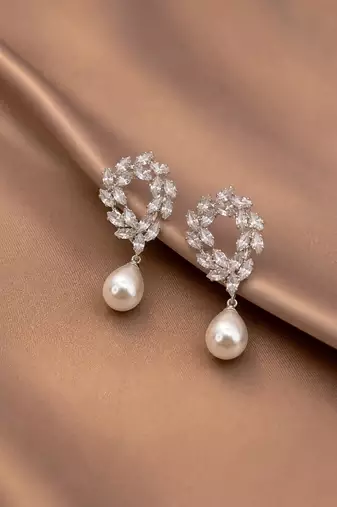 Silver toned korean cz drop earrings