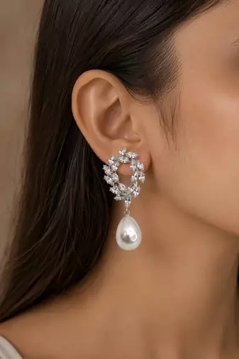Silver toned korean cz drop earrings
