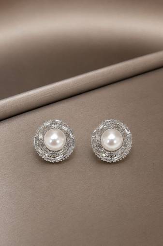 Silver tone circular cz stud earrings