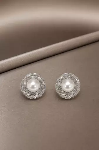 Silver tone circular cz stud earrings