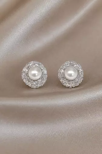 Silver tone circular cz stud earrings