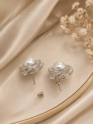 Silver tone circular cz stud earrings 3