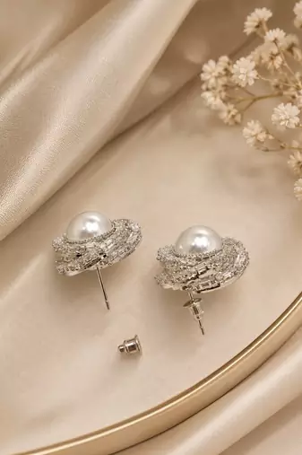 Silver tone circular cz stud earrings