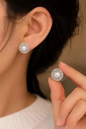 Silver tone circular cz stud earrings