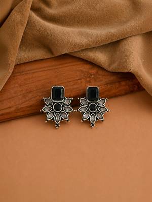 German silver black floral drop earrings 1