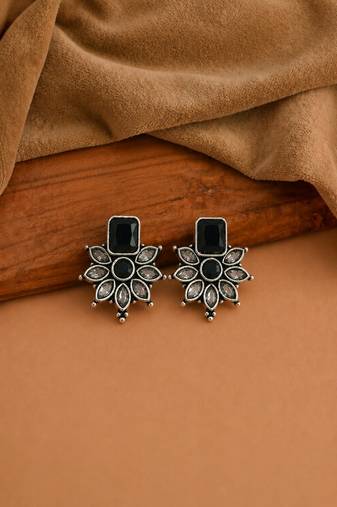 German silver black floral drop earrings