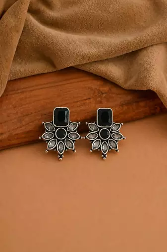 German silver black floral drop earrings