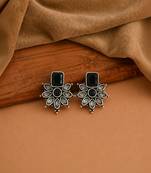 German silver black floral drop earrings