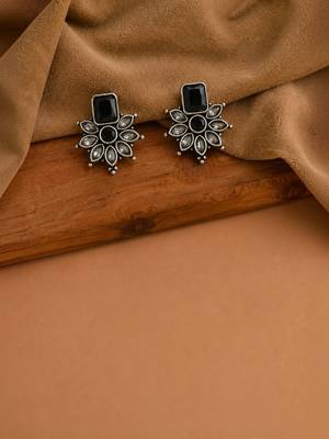 German silver black floral drop earrings 2