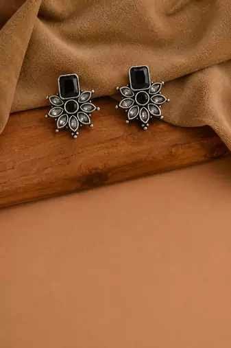 German silver black floral drop earrings