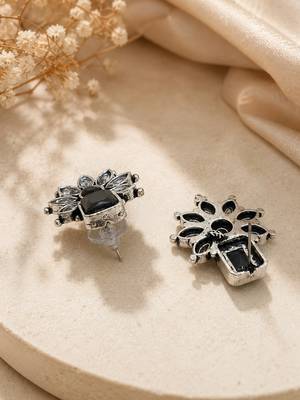 German silver black floral drop earrings 3