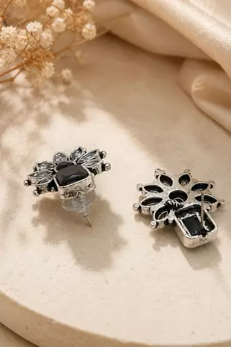 German silver black floral drop earrings