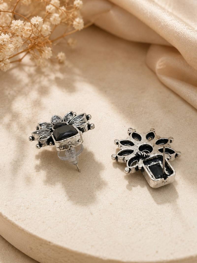 German silver black floral drop earrings