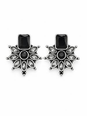 German silver black floral drop earrings 4