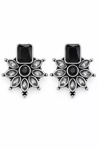 German silver black floral drop earrings