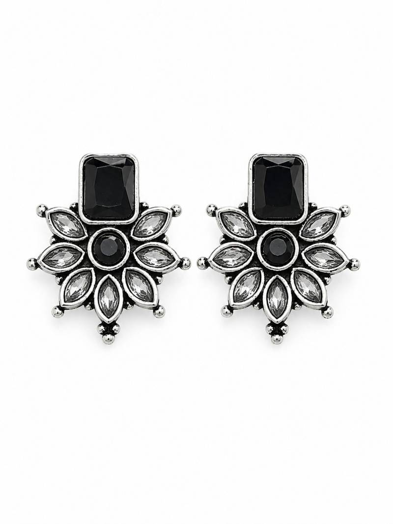 German silver black floral drop earrings