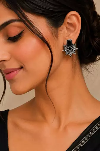 German silver black floral drop earrings