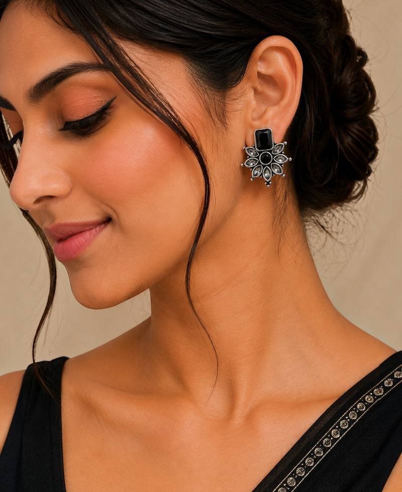 German silver black floral drop earrings