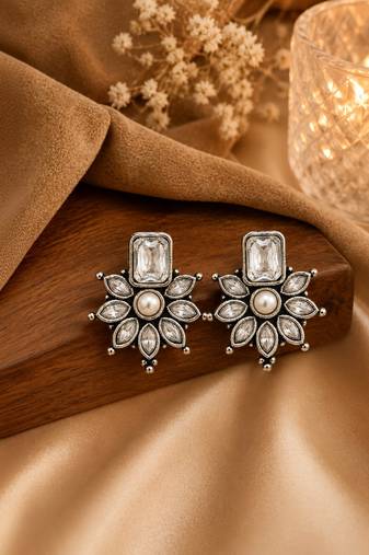 German silver clear white floral drop earrings