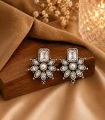 German silver clear white floral drop earrings