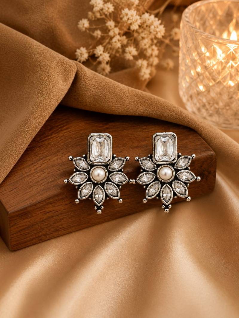German silver clear white floral drop earrings