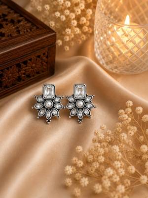 German silver clear white floral drop earrings 2