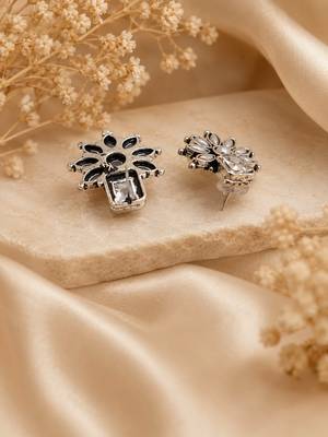 German silver clear white floral drop earrings 3