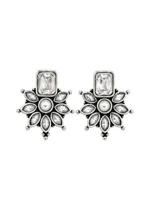 German silver clear white floral drop earrings 4
