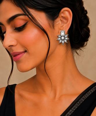 German silver clear white floral drop earrings 5