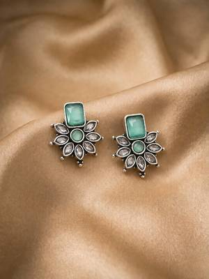 German silver mint green floral drop earrings 1