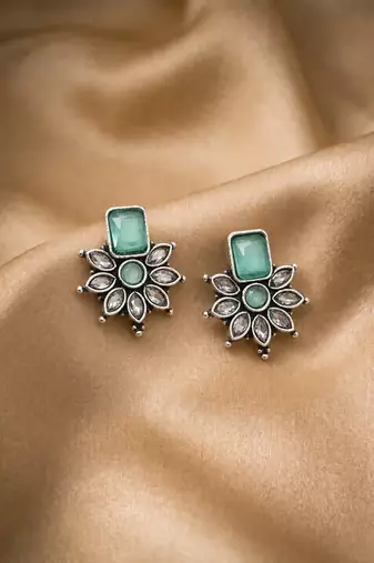 German silver mint green floral drop earrings
