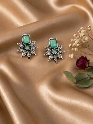 German silver mint green floral drop earrings 2