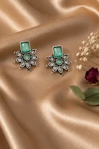 German silver mint green floral drop earrings