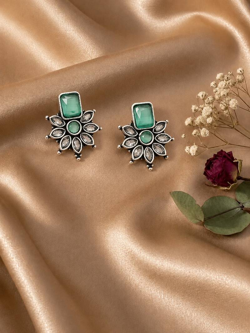 German silver mint green floral drop earrings