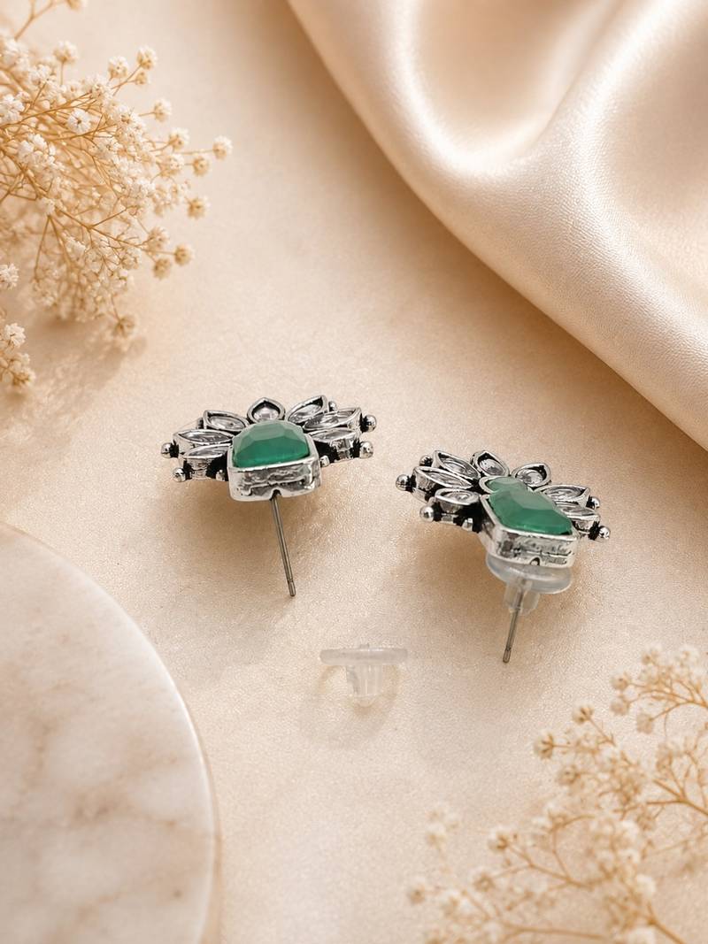 German silver mint green floral drop earrings