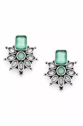 German silver mint green floral drop earrings