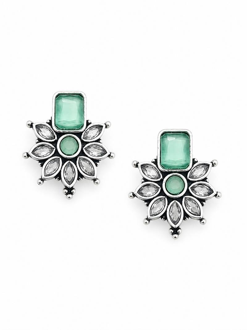 German silver mint green floral drop earrings