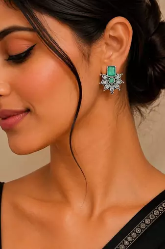 German silver mint green floral drop earrings