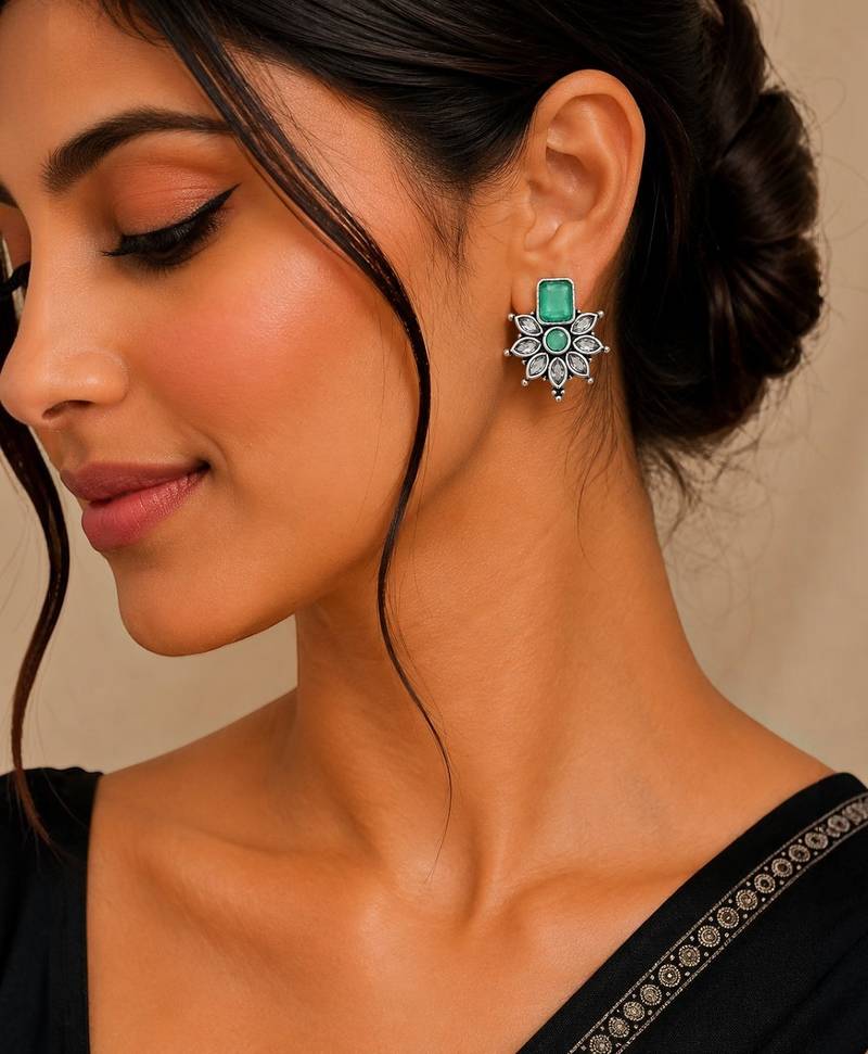 German silver mint green floral drop earrings