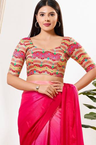 Women's silk padded back open elbow sleeves saree blouse