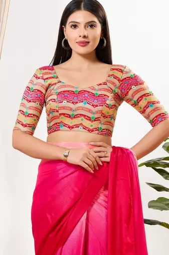 Women's silk padded back open elbow sleeves saree blouse