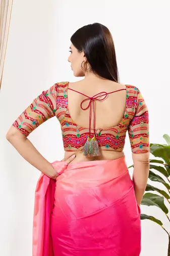 Women's silk padded back open elbow sleeves saree blouse
