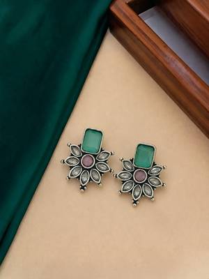 German silver pink green floral drop earrings 1
