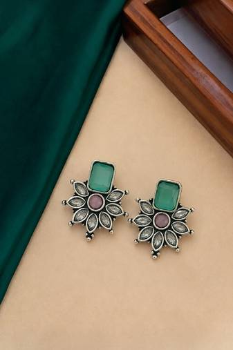German silver pink green floral drop earrings