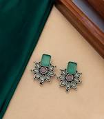 German silver pink green floral drop earrings