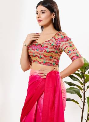 Women's silk padded back open elbow sleeves saree blouse 3