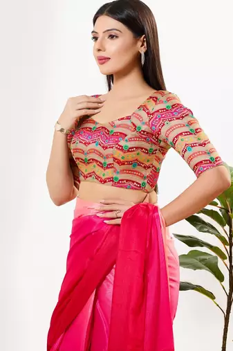 Women's silk padded back open elbow sleeves saree blouse
